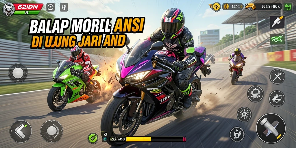 Screenshot gameplay 62IDN memperlihatkan balapan yang intens dan motor yang cepat.