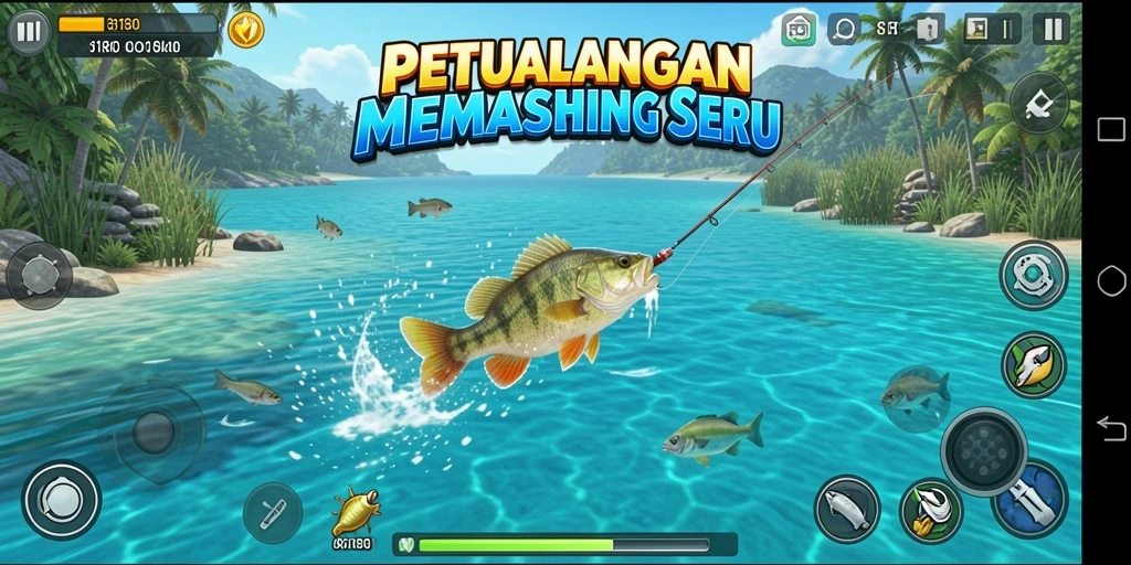 Screenshot gameplay <strong>8180</strong> dengan pengguna yang menangkap ikan besar di lautan.