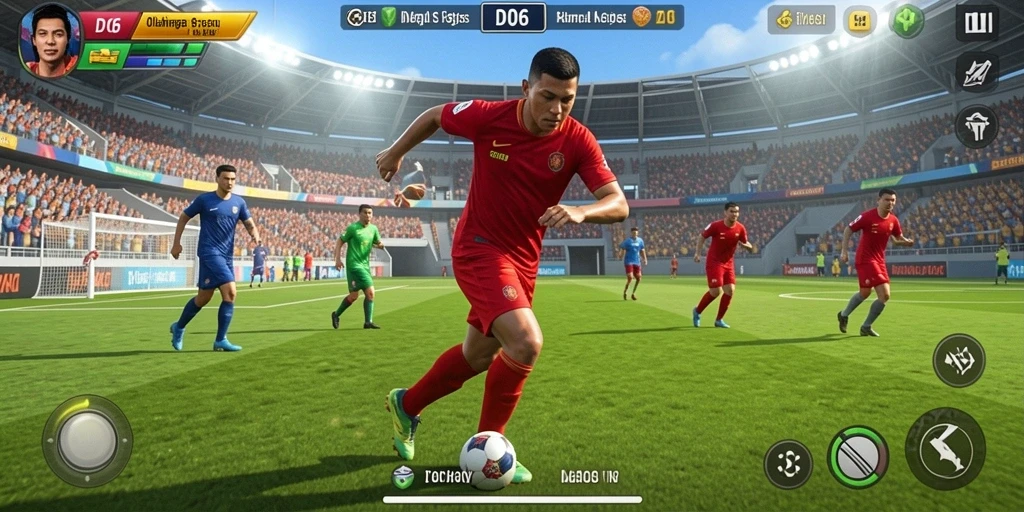 Tangkapan layar gameplay D06 menampilkan aksi seru di lapangan olahraga.