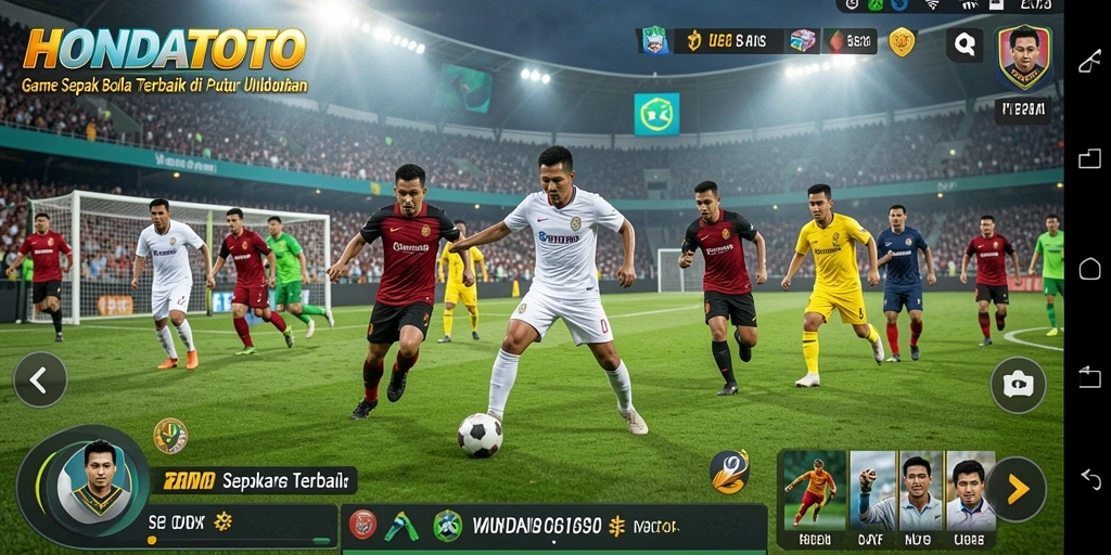 Screenshot HONDATOTO menunjukkan aksi intens di lapangan sepak bola.