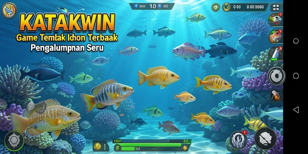 Tampilan gameplay KATAKWIN saat menangkap ikan berwarna-warni.