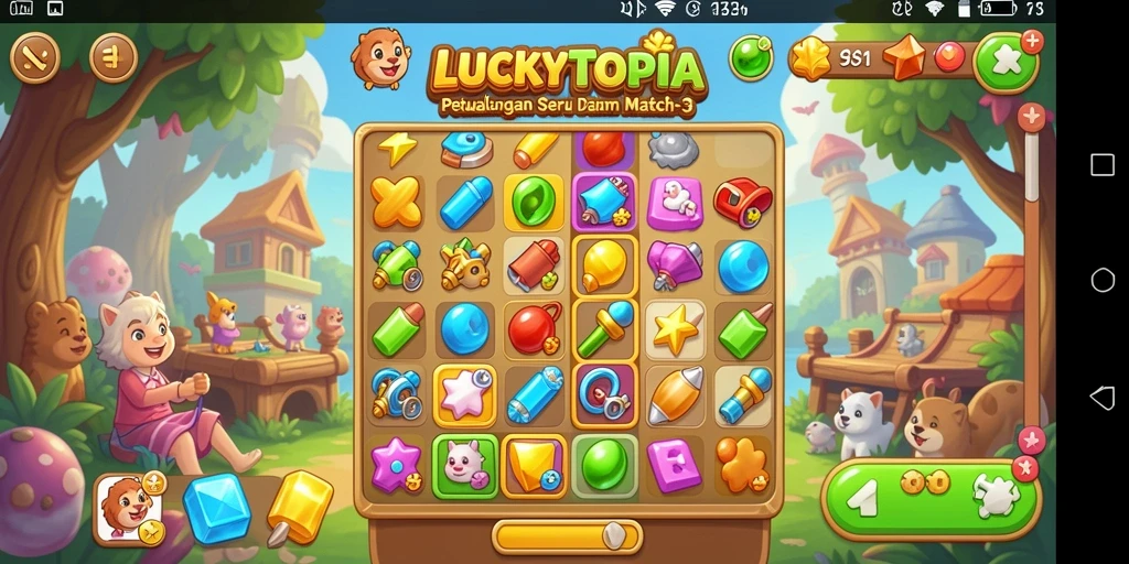 Screenshot gameplay yang menunjukkan serunya mencocokkan permata di LUCKYTOPIA.